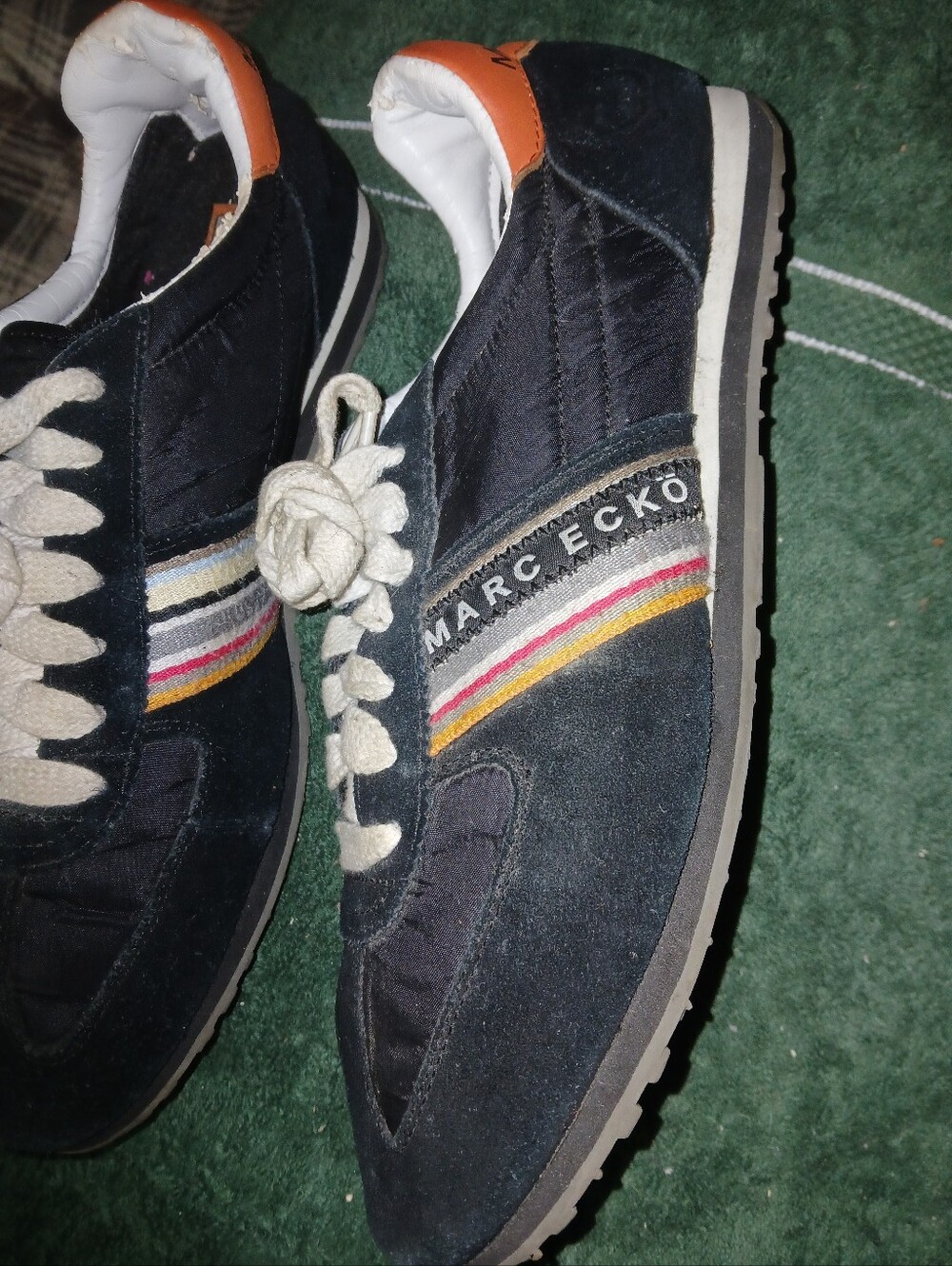 Marc Ecko Black Suede Sneakers with Orange Heel and Multi-Stripe Accent